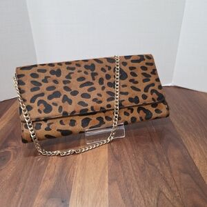 Nordstrom Cow Fur Leopard Print Removable Chain Clutch Shoulder Bag Red Lining